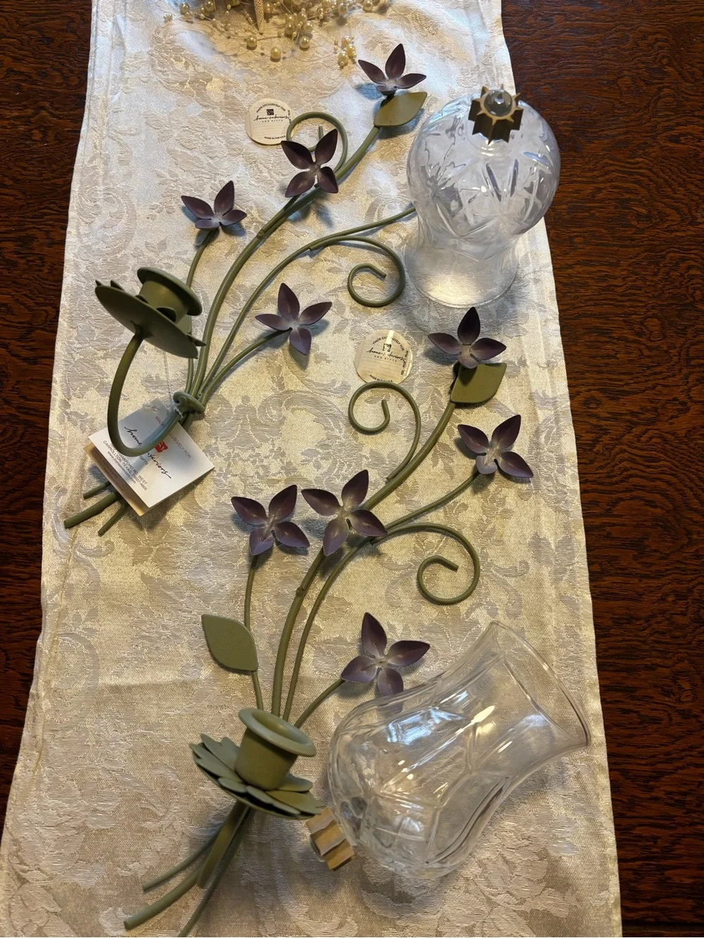 NEW. Home Interiors Green and Purple Floral Metal Wall Candle Sconces - Pair